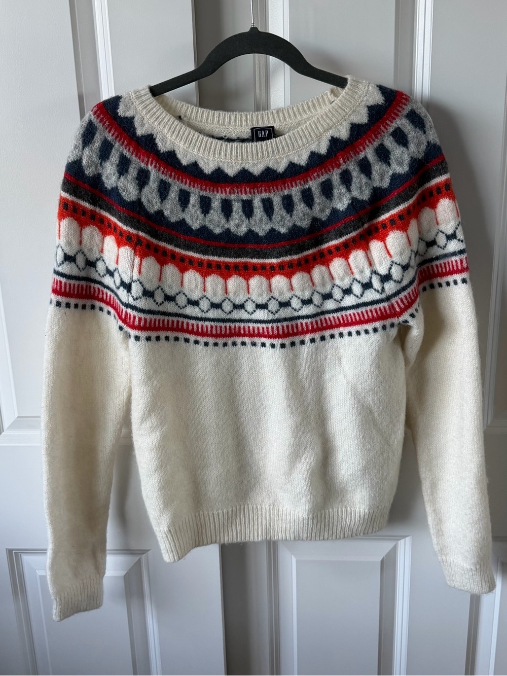 Gap Fair Isle Mohair Wool Blend Sweater Cream Red Navy Size M